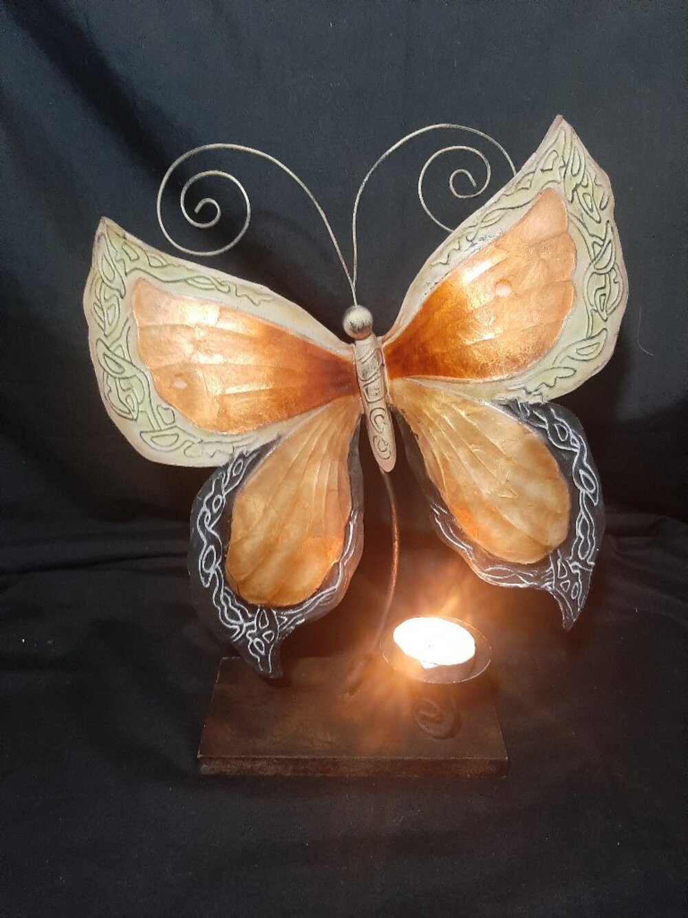 Metal Butterfly Sculpture with capiz shell wings on wooden stand Tealight Candle